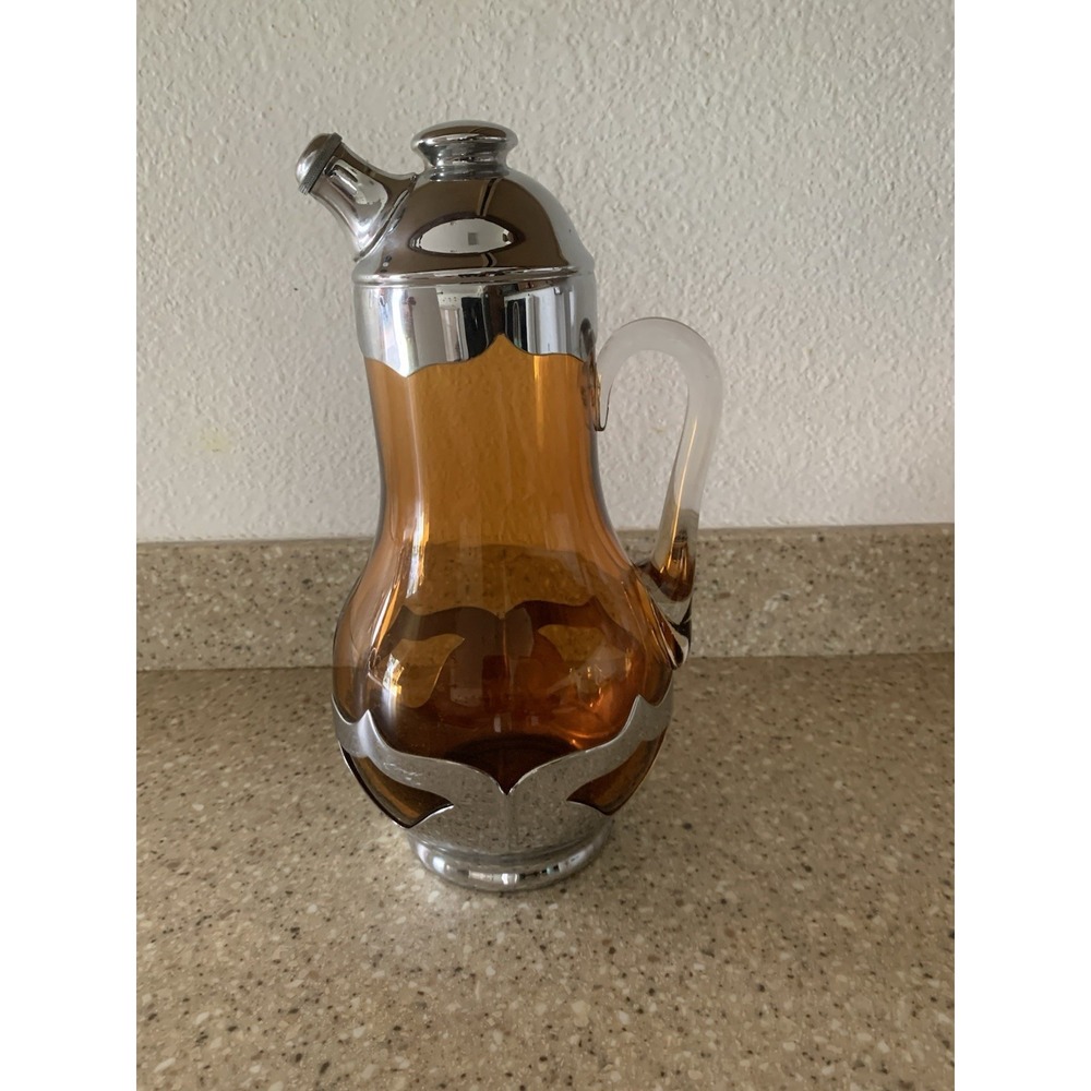 Art Deco Cambridge Farber Bros Krome Kraft Amber Glass Handled Cocktail Shaker